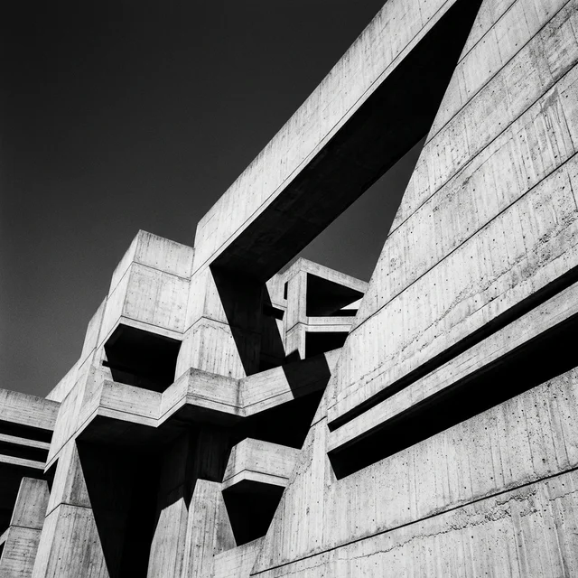 Brutalist concrete architecture seen from below