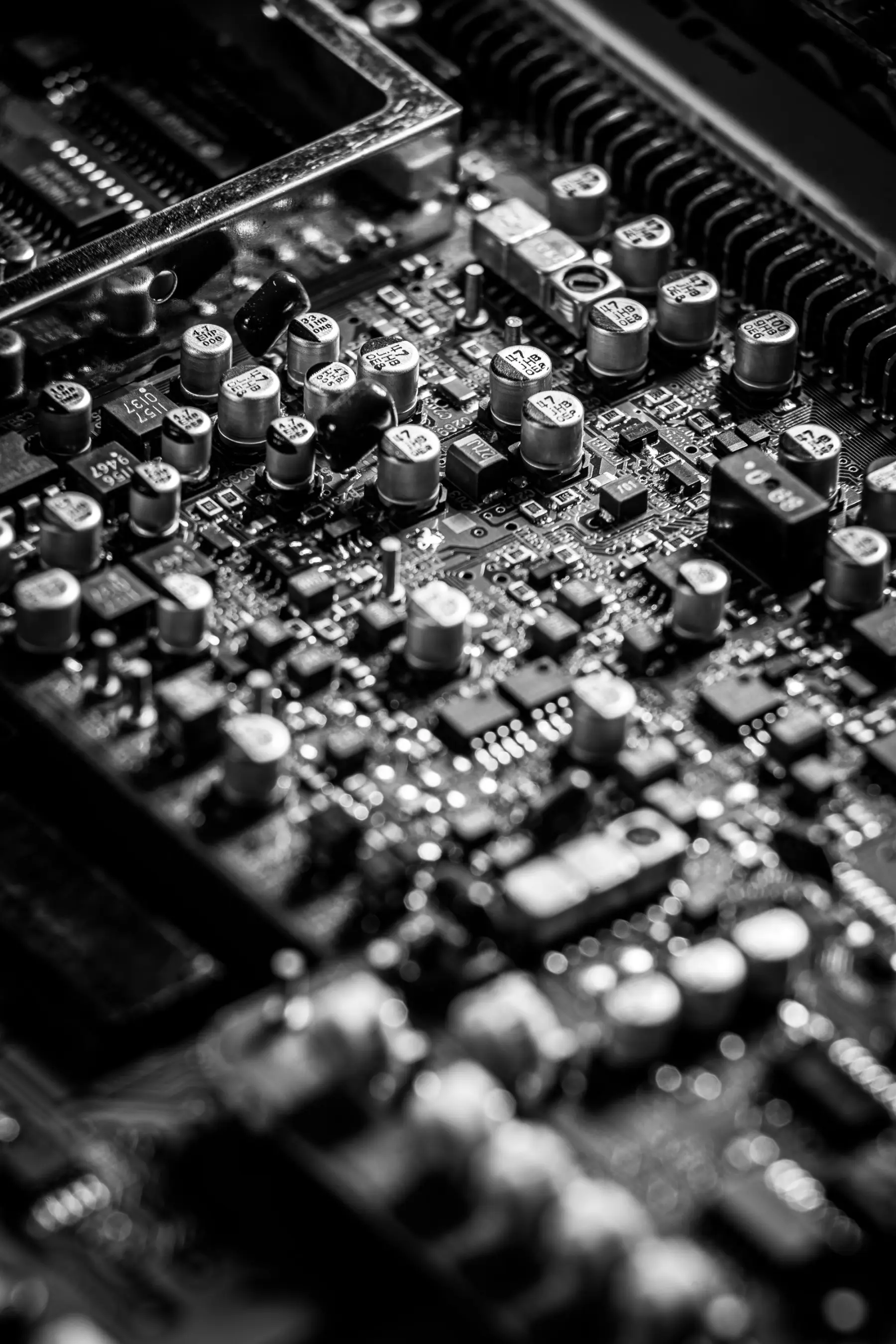 Black and white macro photograph of a circuit board