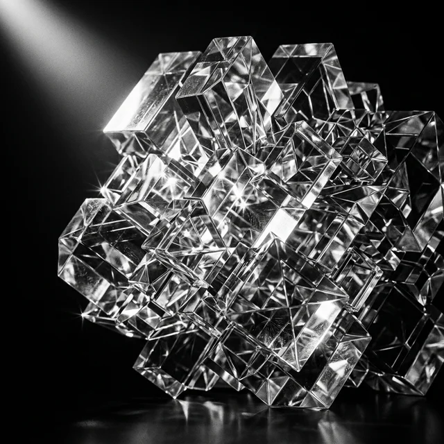 Crystal facets catching light in black and white